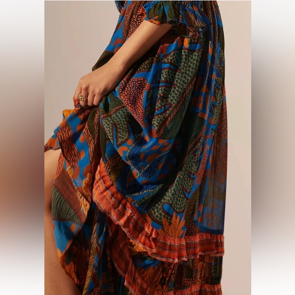 Anthropologie Farm Rio Puff Sleeve Multi Color Blue Floral Maxi Dress, XL NWT - Picture 3 of 16